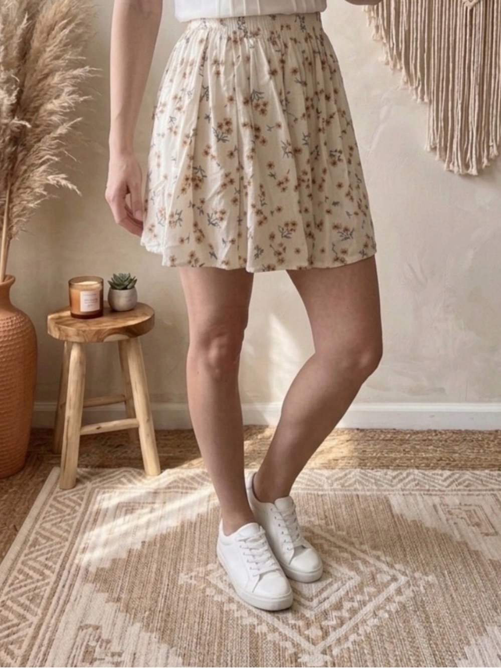 Brandy Melville Cream Floral Skater Skirt